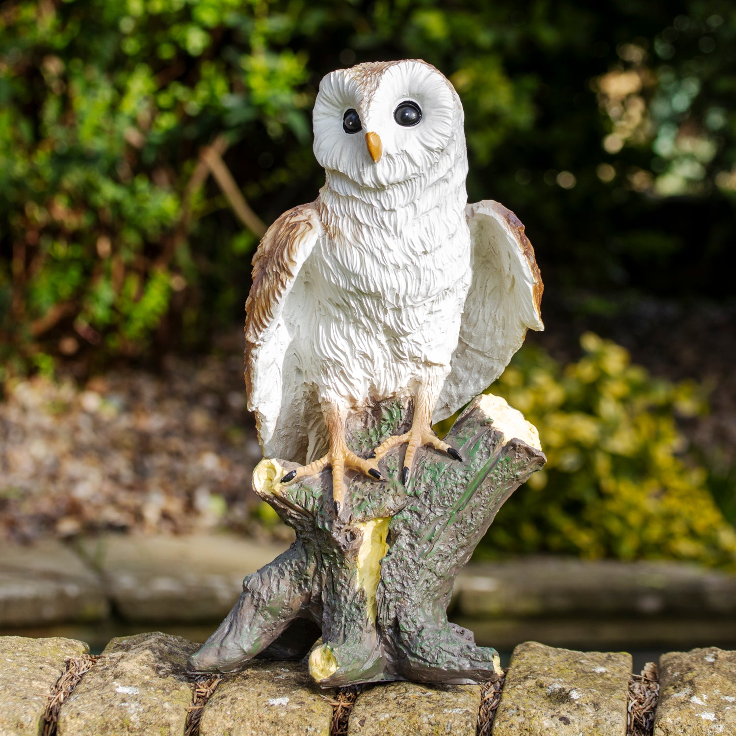 Barn Owl On Wood Perch Garden Ornament