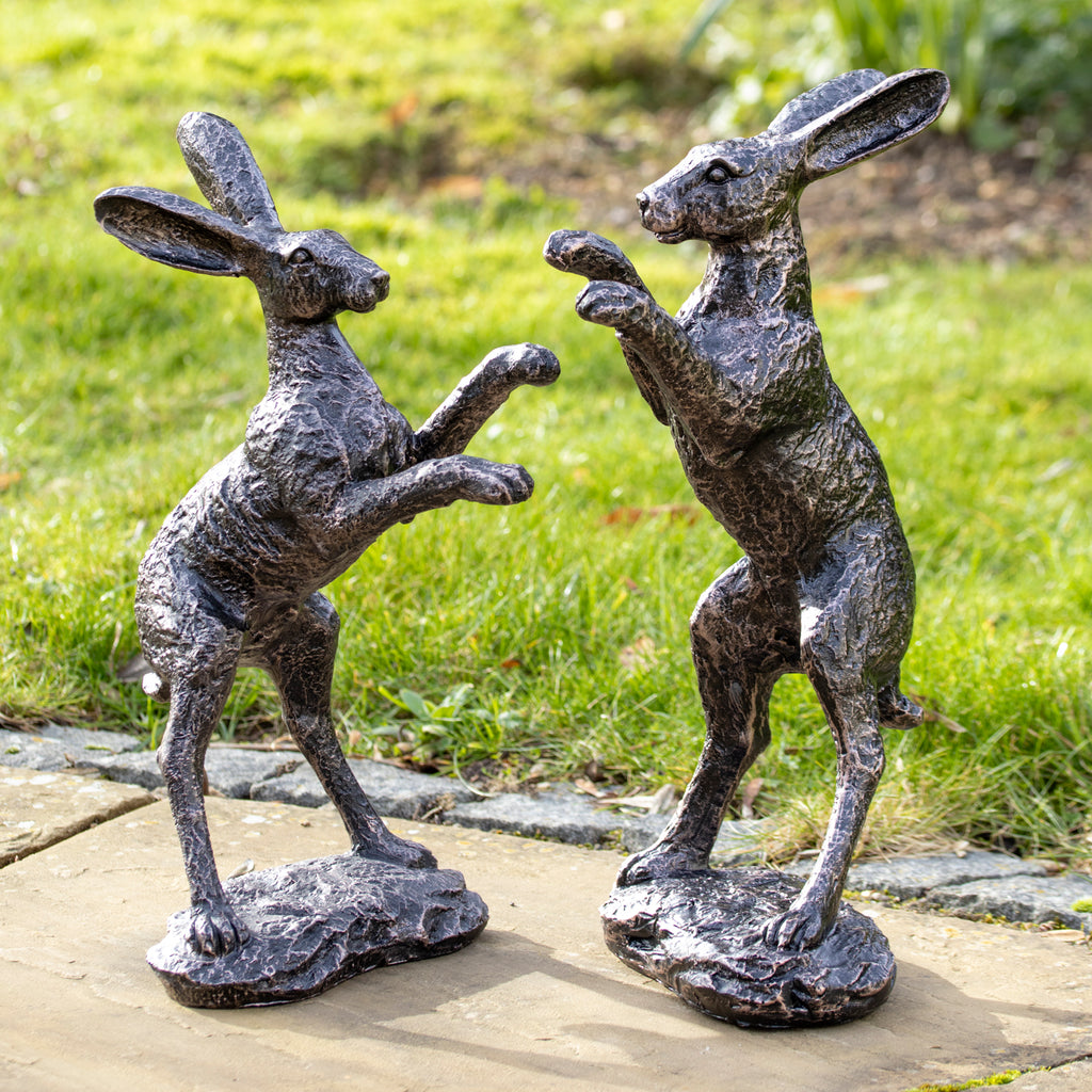 Set Of 2 Bronze Boxing Hare Garden Ornaments