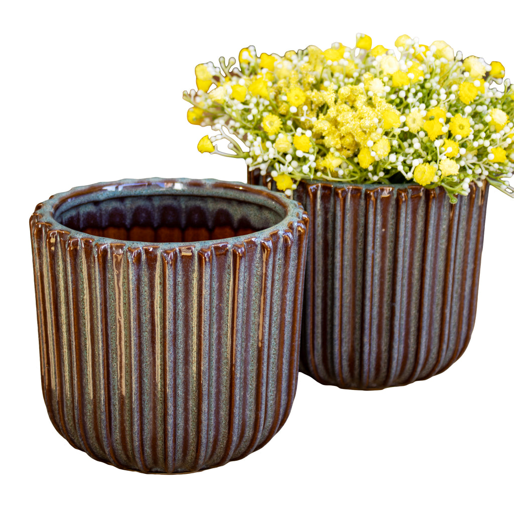 Reactive Glaze Ridged Plant Pot