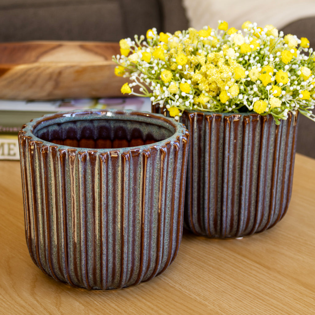 Reactive Glaze Ridged Plant Pot