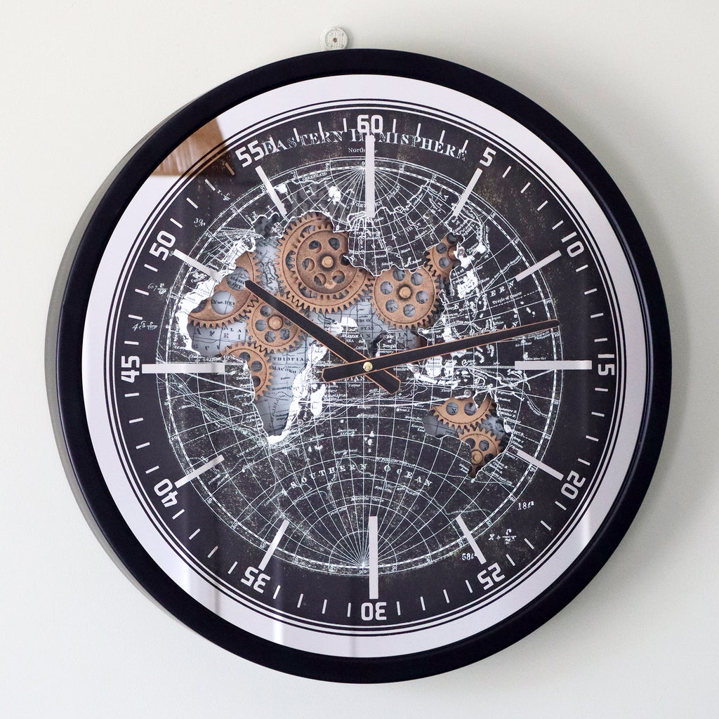 Industrial World Map Cog Wall Clock
