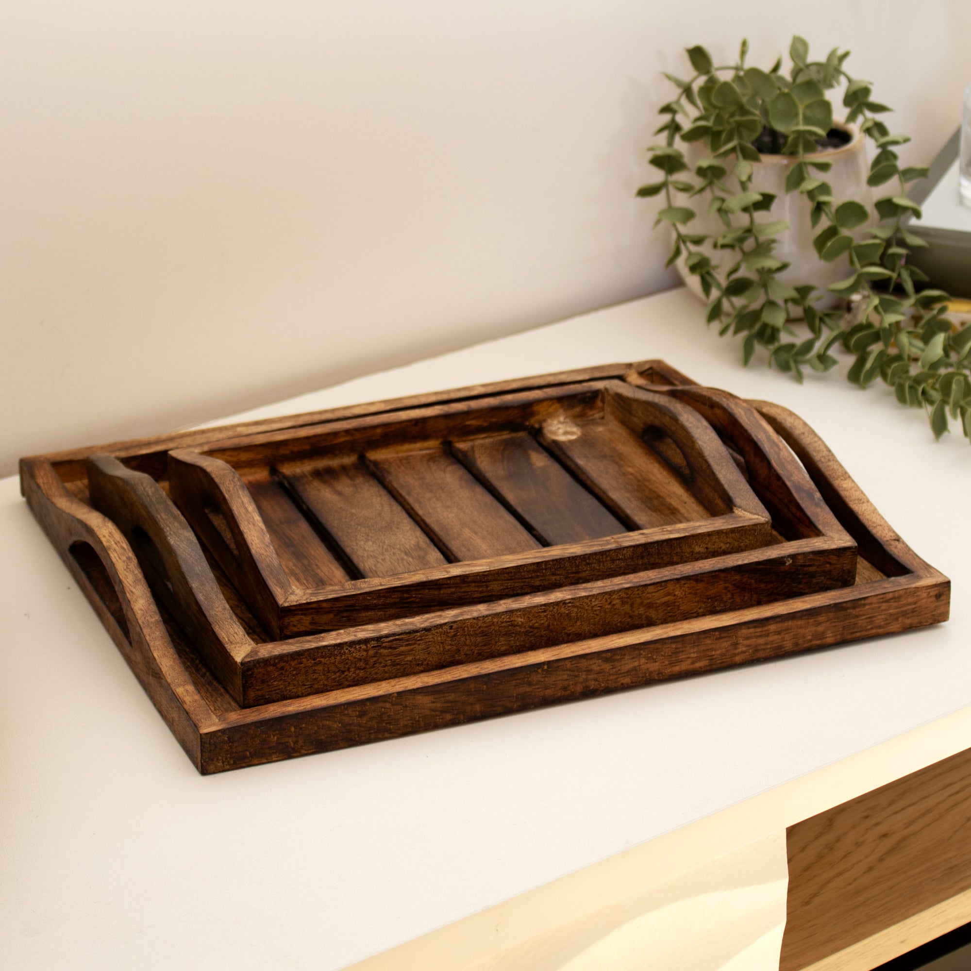 Set Of 3 Dark Wood Handled Serving Trays