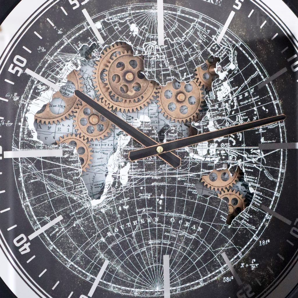 Industrial World Map Cog Wall Clock