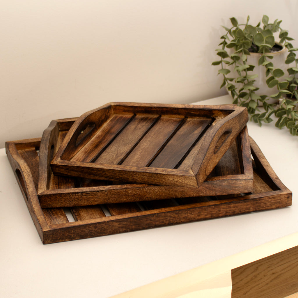 Set Of 3 Dark Wood Handled Serving Trays