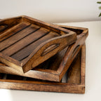 Set Of 3 Dark Wood Handled Serving Trays