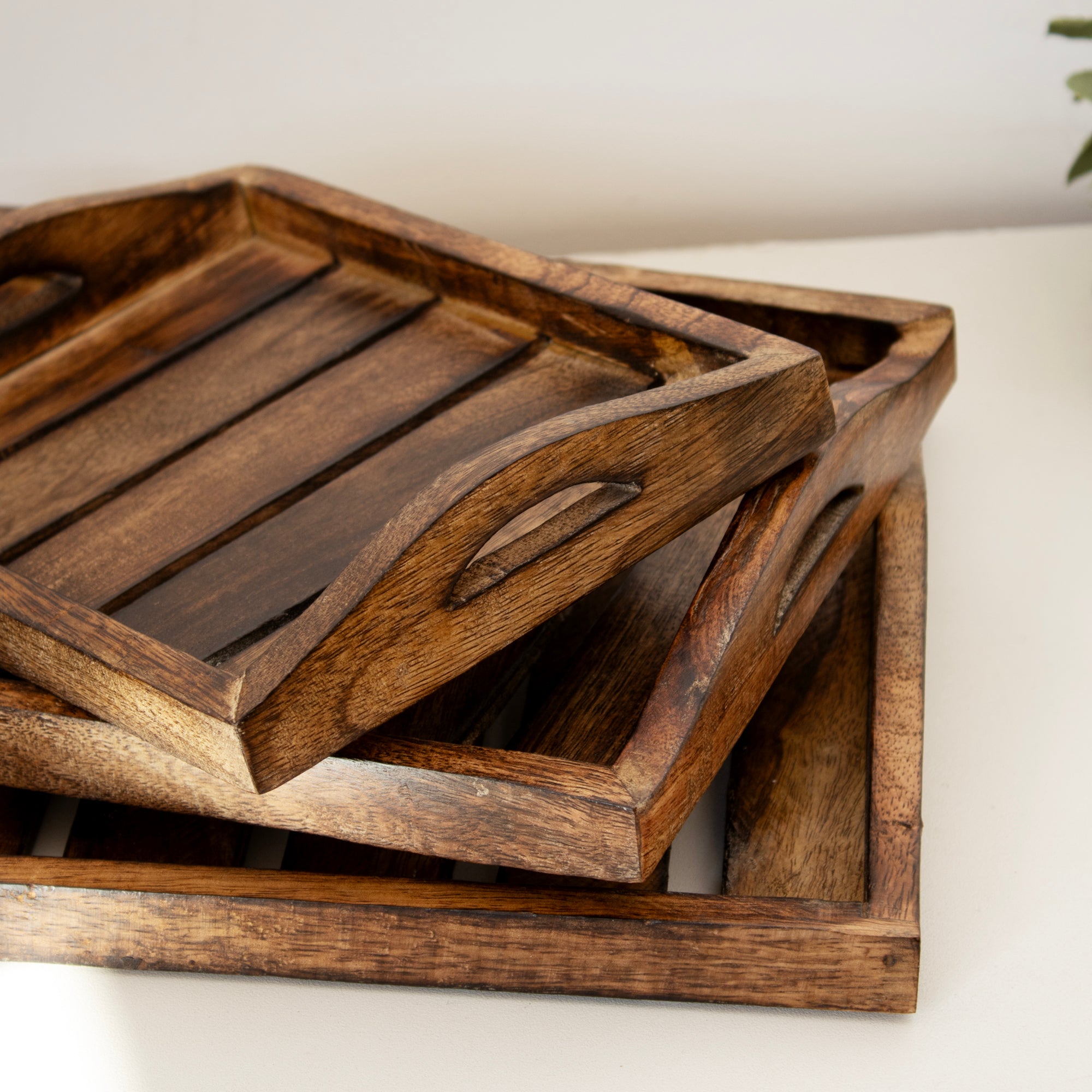 Set Of 3 Dark Wood Handled Serving Trays
