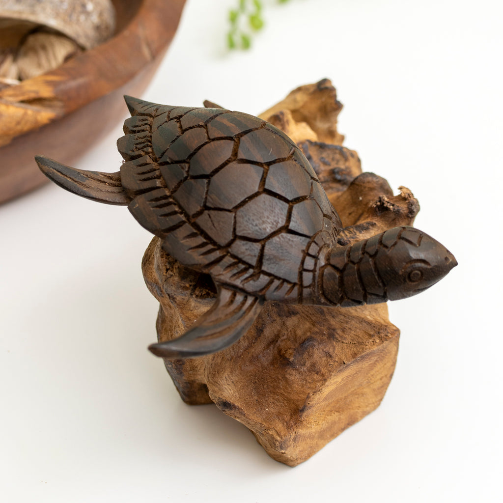 Dark Turtle On Teak Root Rock Ornament