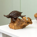 Dark Turtle On Teak Root Rock Ornament