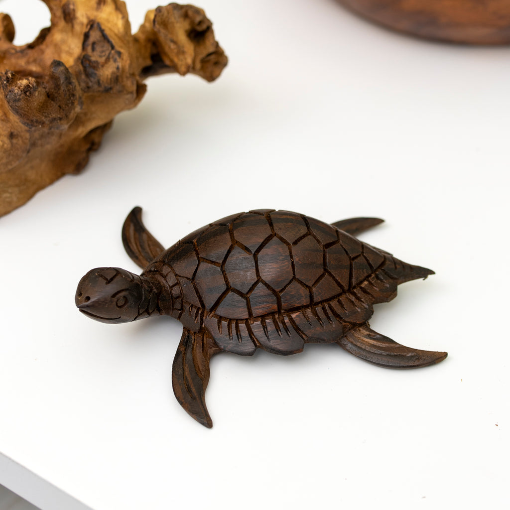 Dark Turtle On Teak Root Rock Ornament