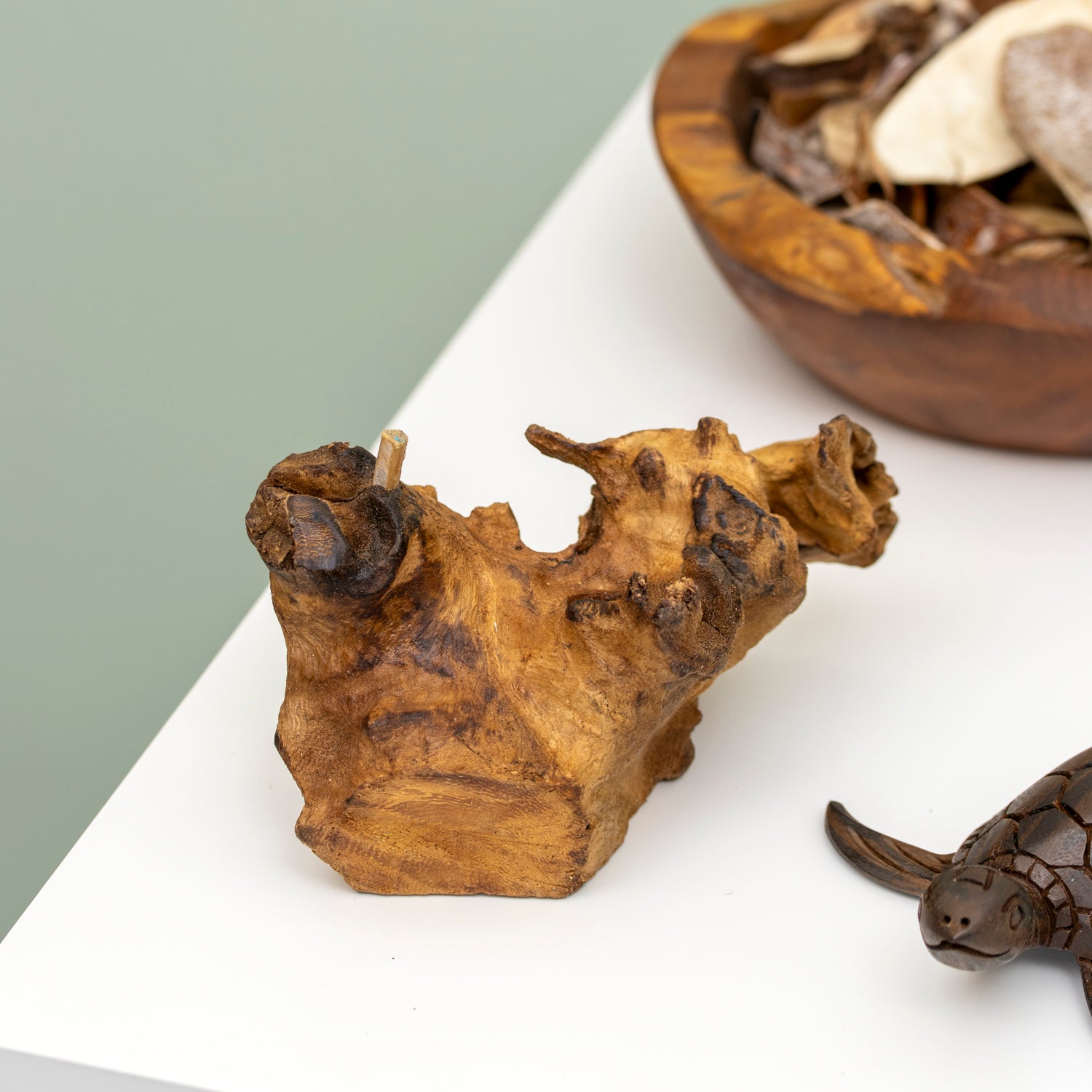 Dark Turtle On Teak Root Rock Ornament