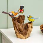 3 Hand Carved Birds On Driftwood Root Sculpture