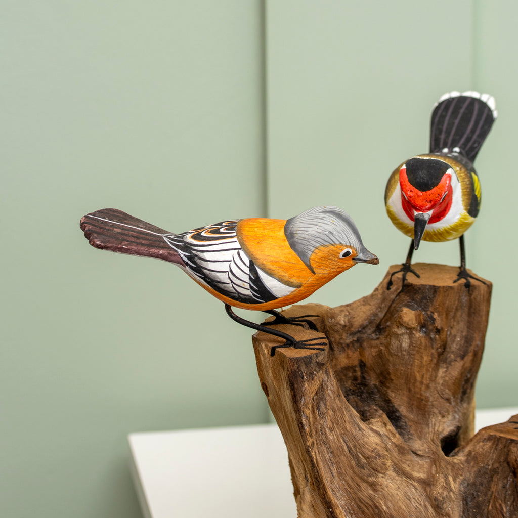 3 Hand Carved Birds On Driftwood Root Sculpture