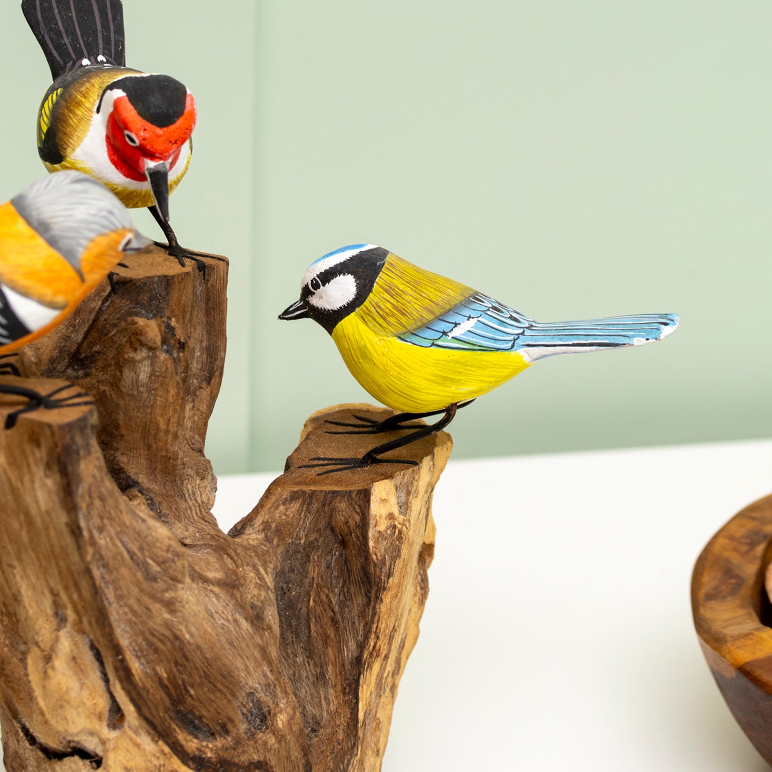 3 Hand Carved Birds On Driftwood Root Sculpture