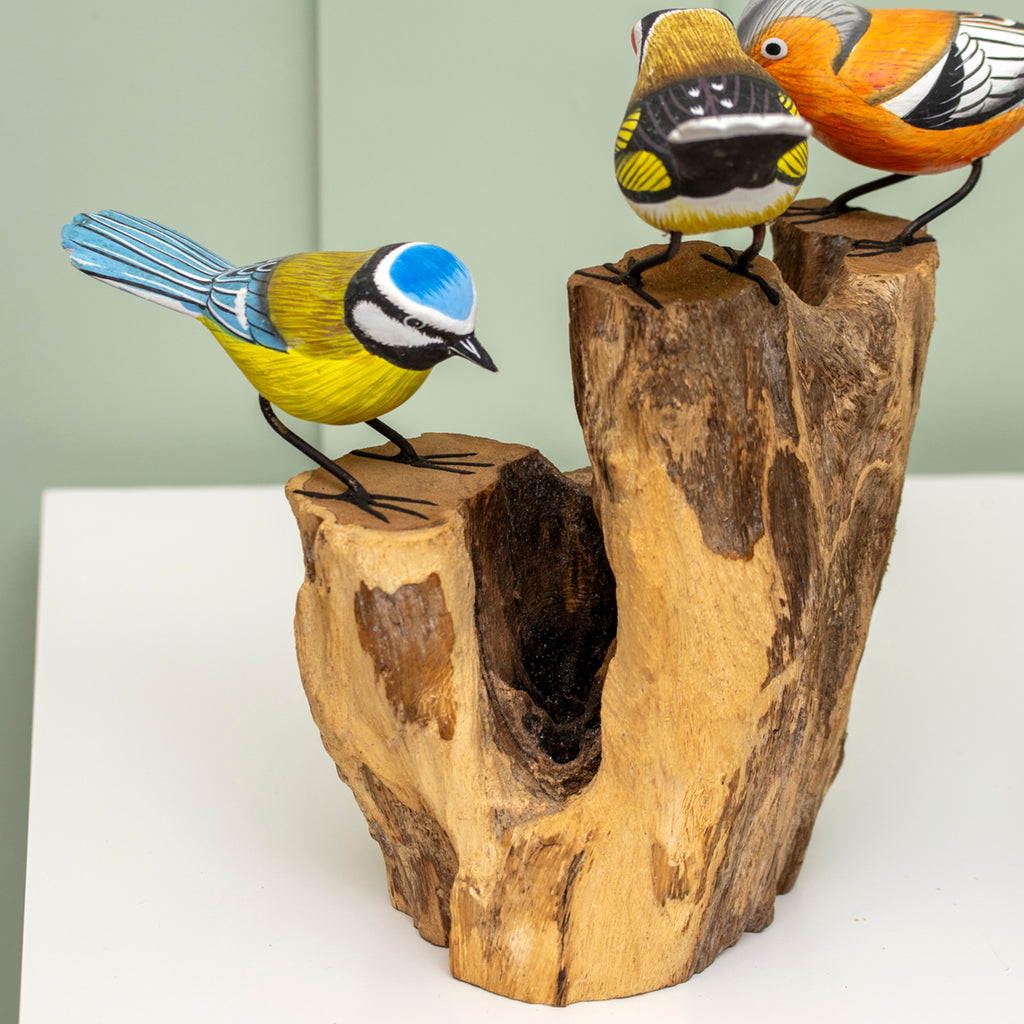 3 Hand Carved Birds On Driftwood Root Sculpture