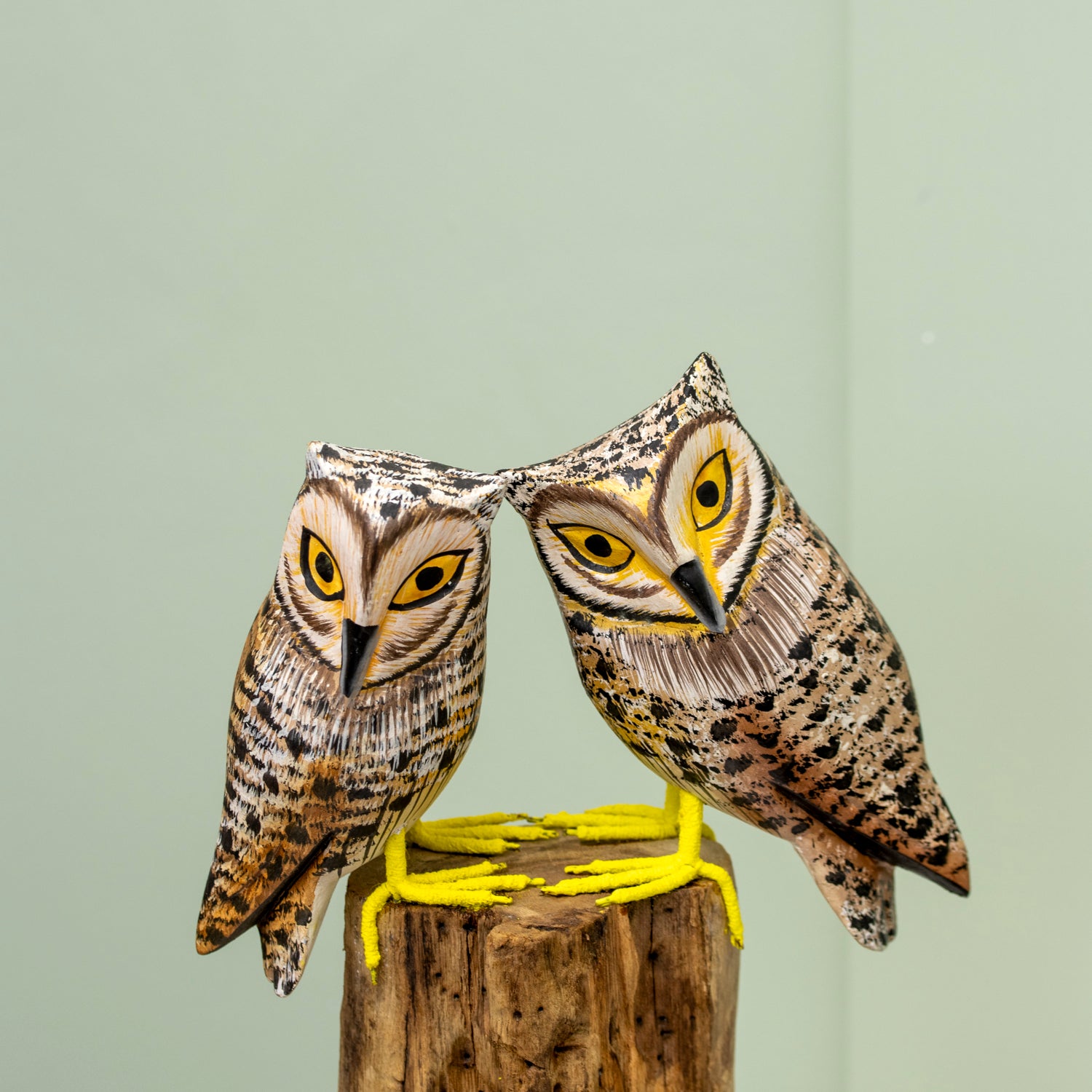 Colourful Tawny Owls In Teak Root Tree Sculpture