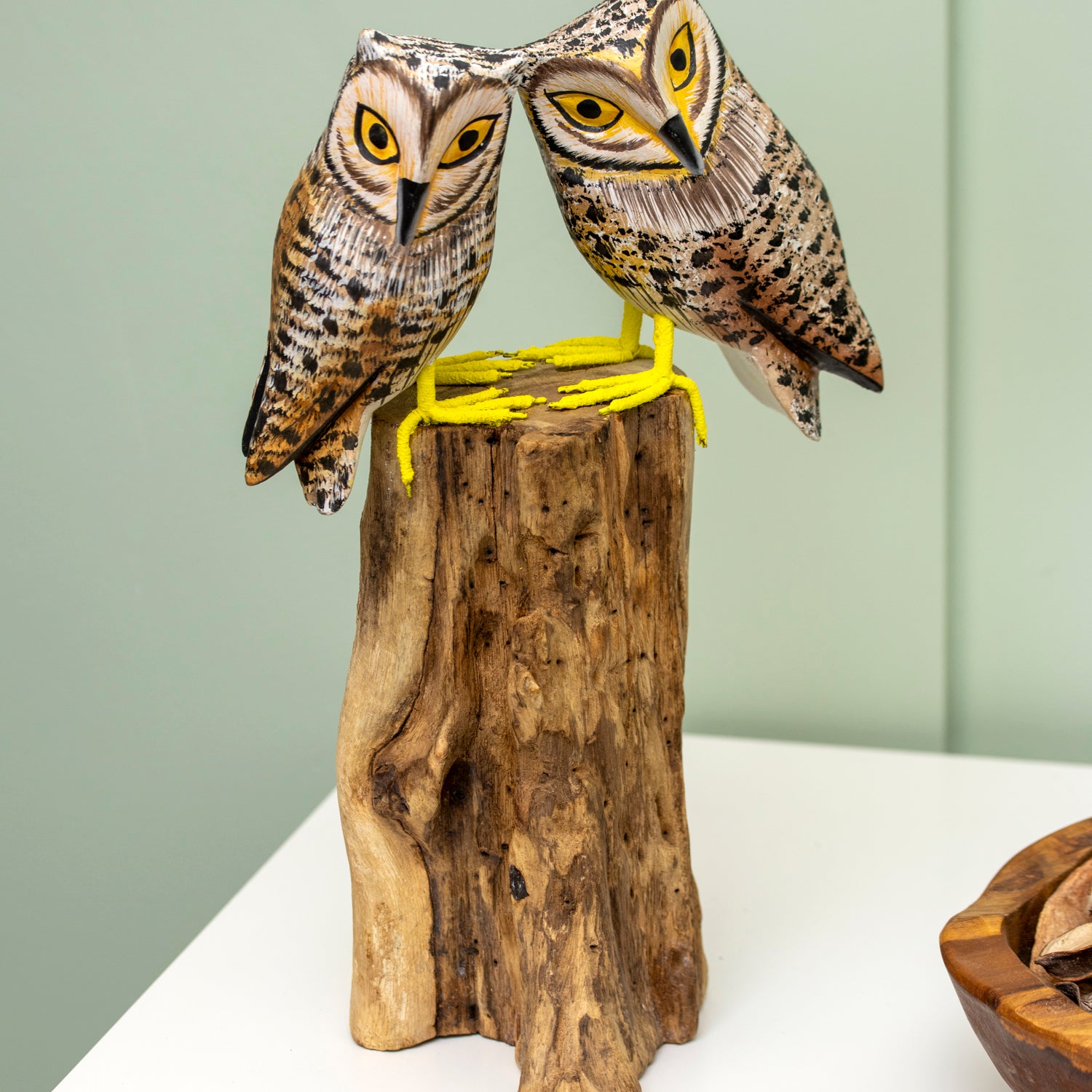 Colourful Tawny Owls In Teak Root Tree Sculpture