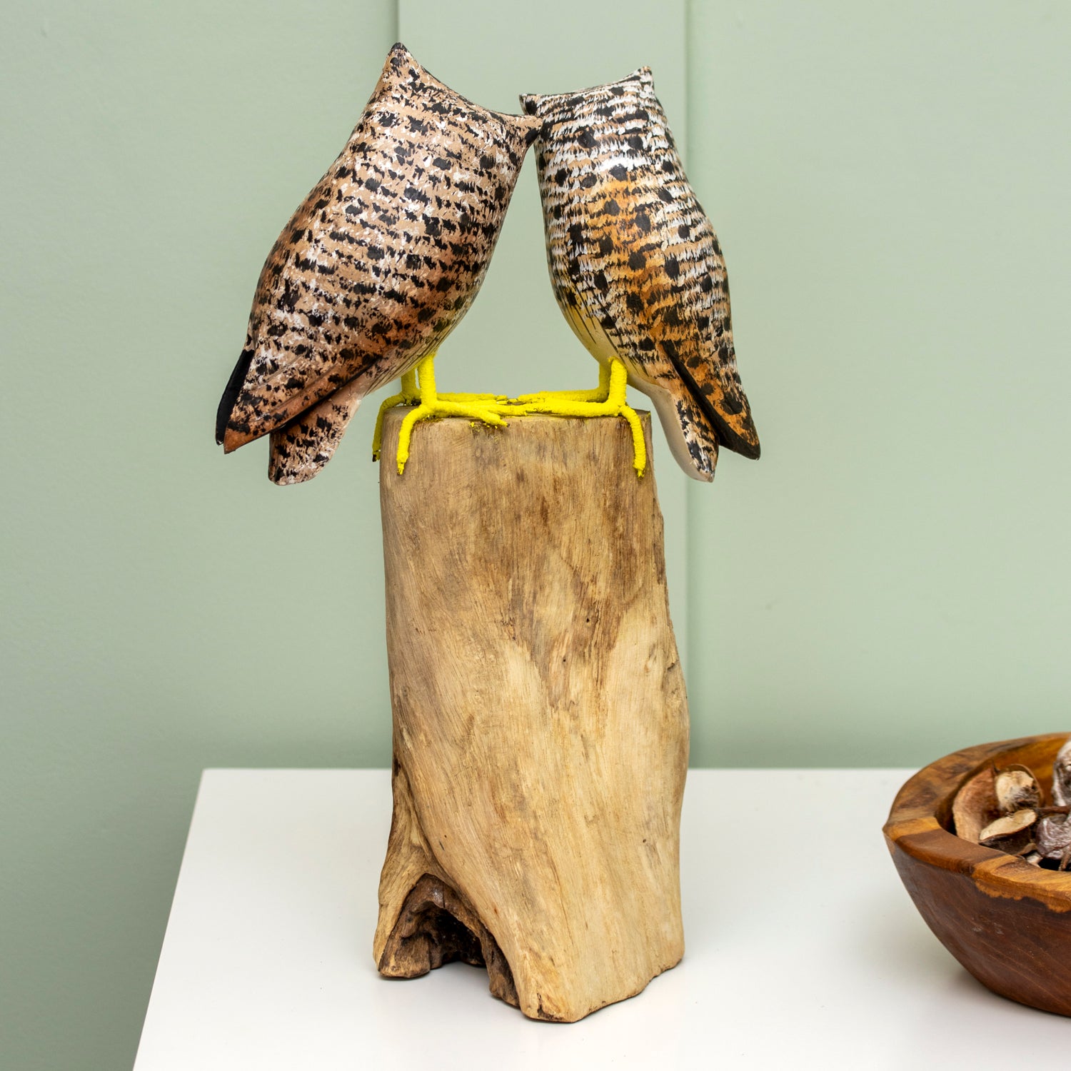 Colourful Tawny Owls In Teak Root Tree Sculpture