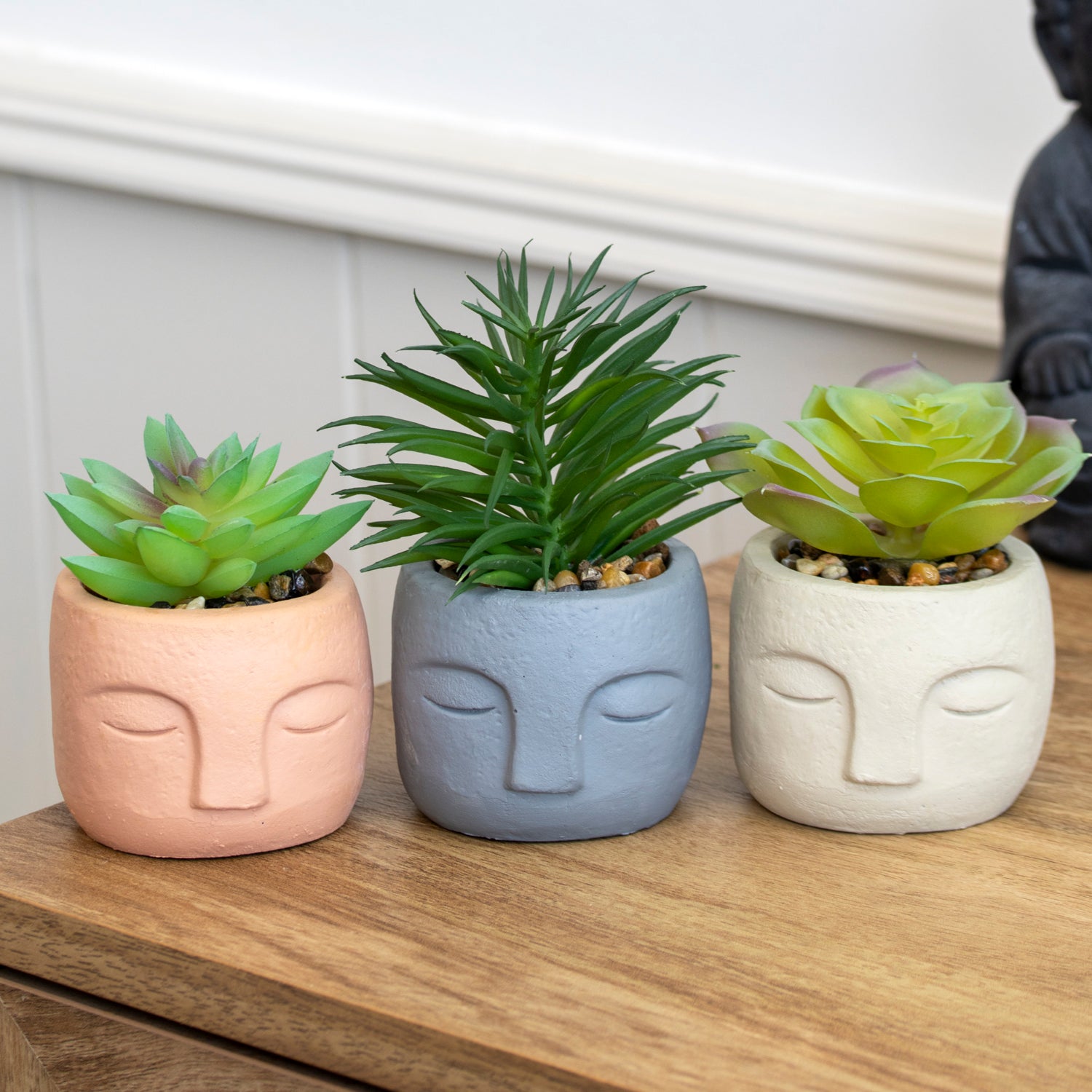 Set Of 3 Cement Buddha Head Artificial Succulents
