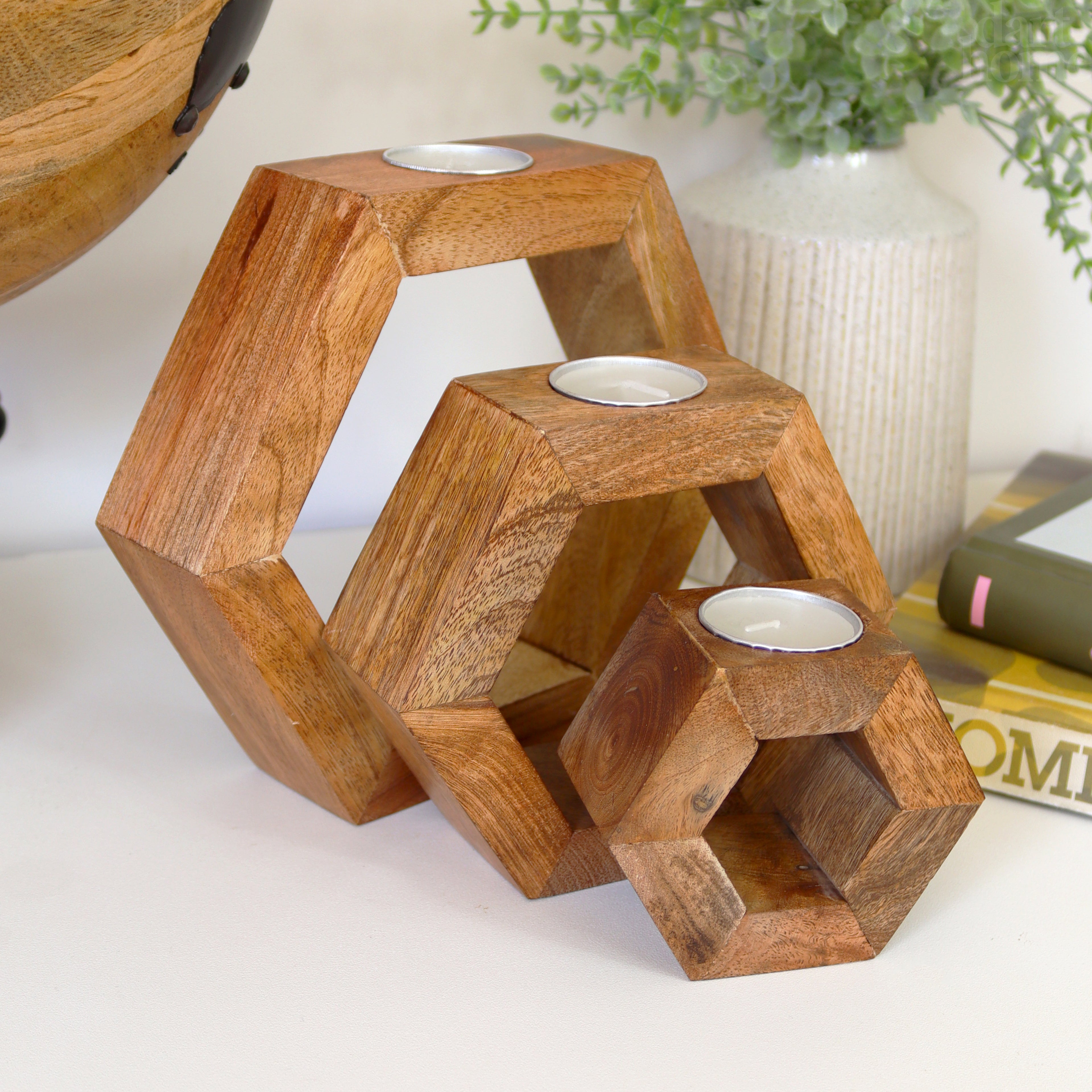 Set Of 3 Hexagonal Tea Light Holders With Candles
