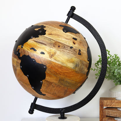 Wood And Metal Globe Ornament On Marble Base