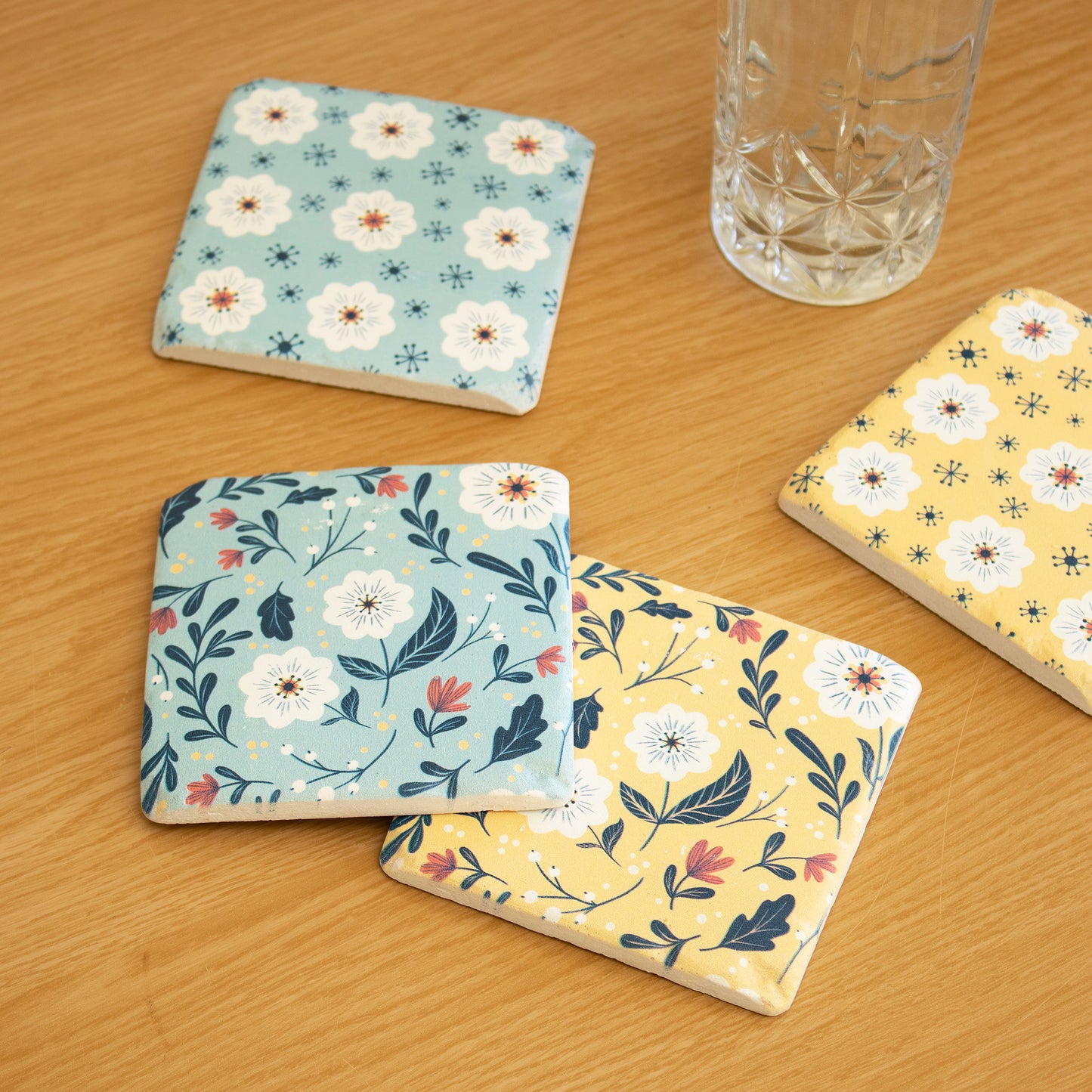 Set Of 4 Vintage Summer Flowers Ceramic Coasters