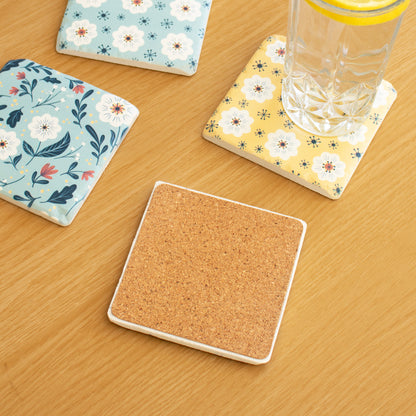 Set Of 4 Vintage Summer Flowers Ceramic Coasters