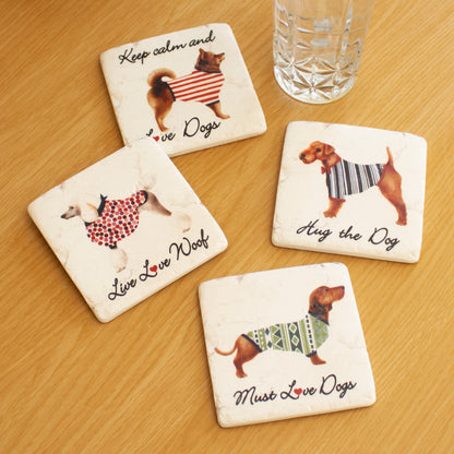 Set Of 4 Dogs In Coats Ceramic Coasters