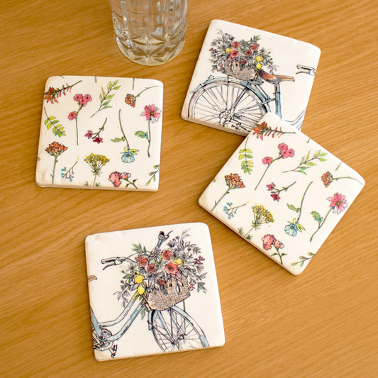 Set Of 4 Flower Bicycles Ceramic Coasters