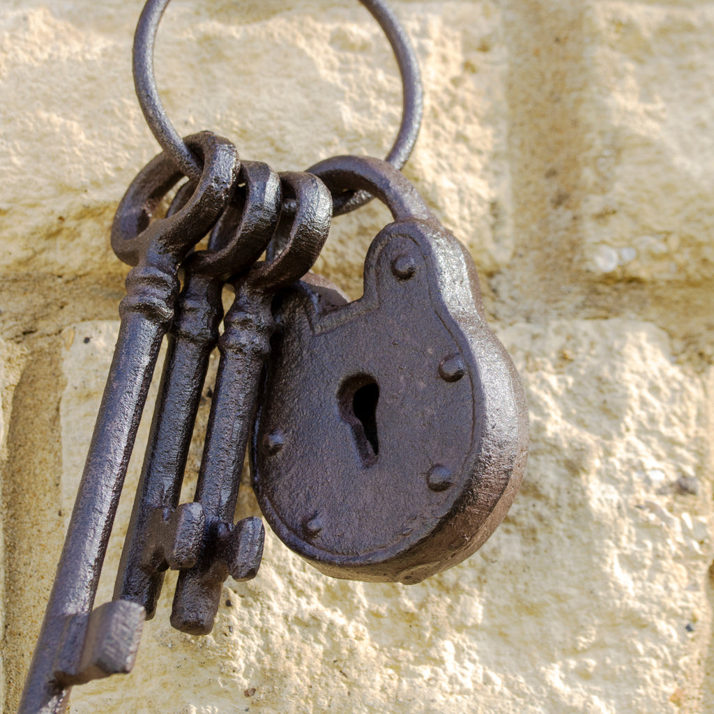 Set Of Hanging Cast Iron Keys With Padlock