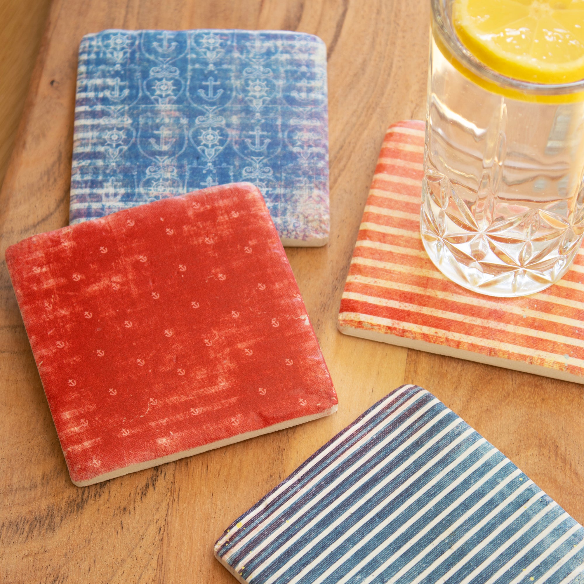 Set Of 4 Nautical Stripes Ceramic Coasters