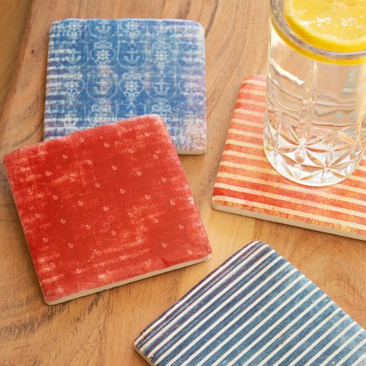 Set Of 4 Nautical Stripes Ceramic Coasters