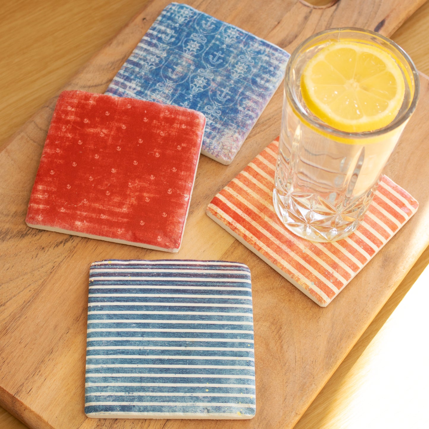 Set Of 4 Nautical Stripes Ceramic Coasters