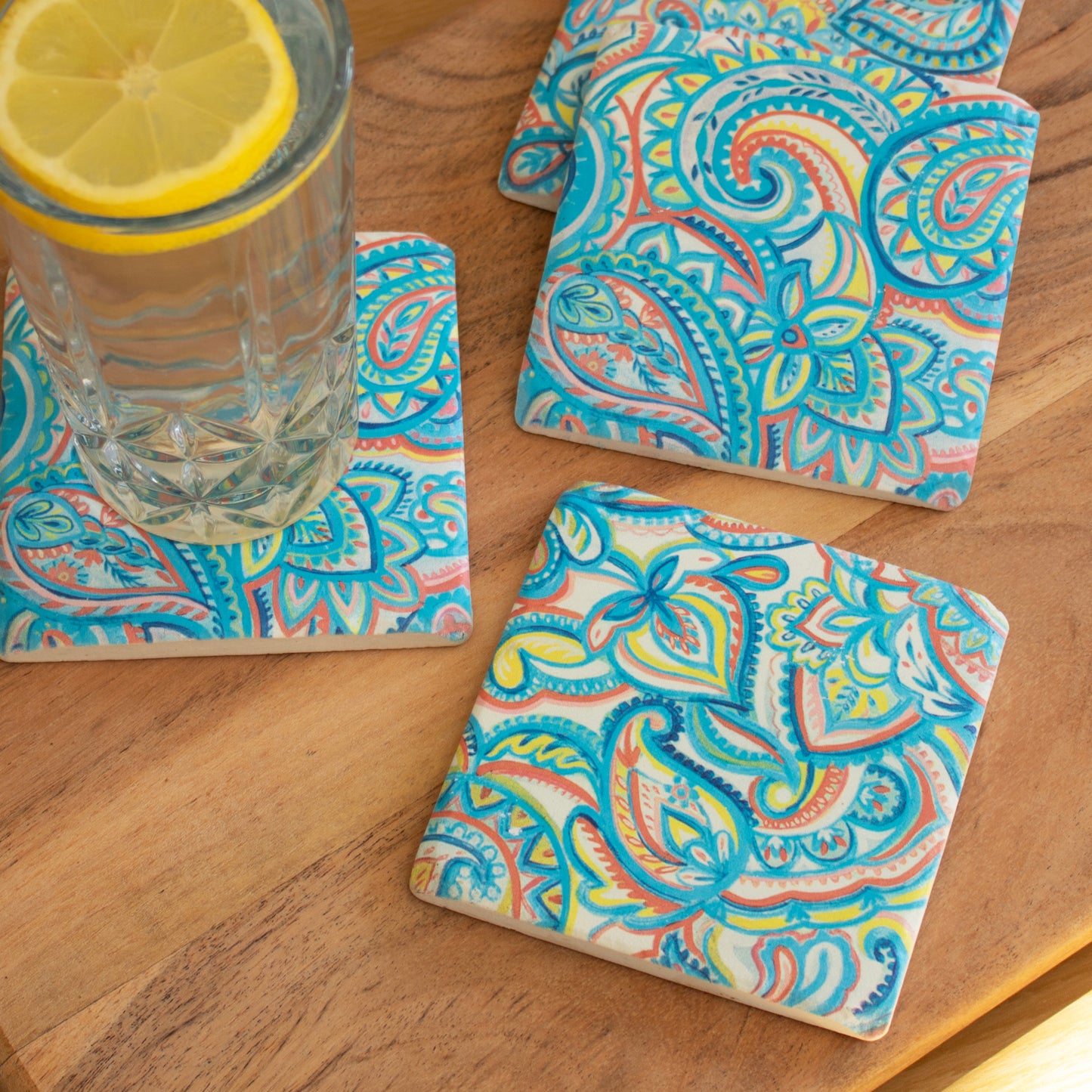 Set Of 4 Paisley Blue Ceramic Coasters