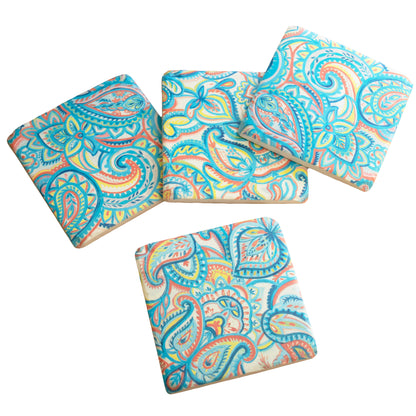 Set Of 4 Paisley Blue Ceramic Coasters