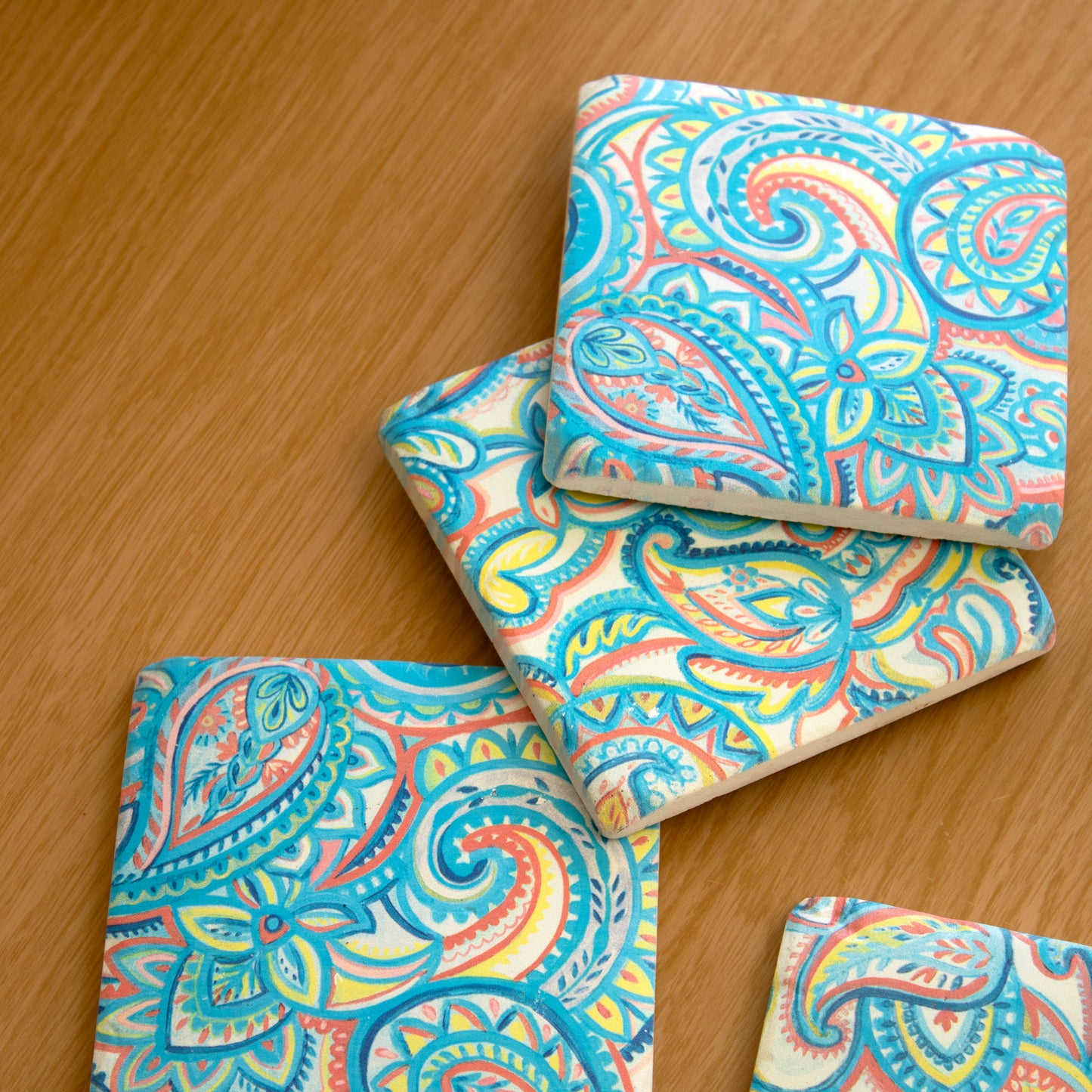 Set Of 4 Paisley Blue Ceramic Coasters