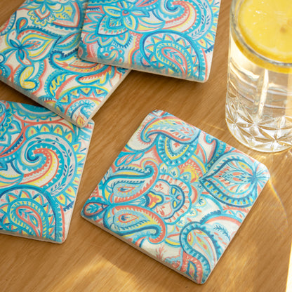 Set Of 4 Paisley Blue Ceramic Coasters