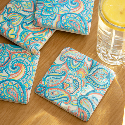 Set Of 4 Paisley Blue Ceramic Coasters