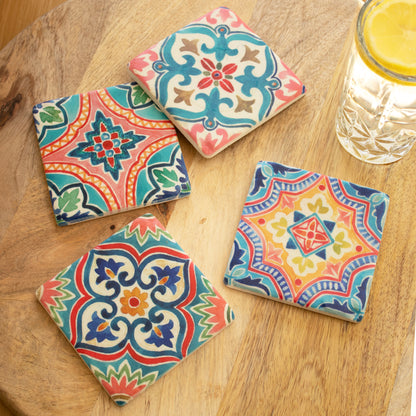 Set Of 4 Multi Moroccan Tile Ceramic Coasters