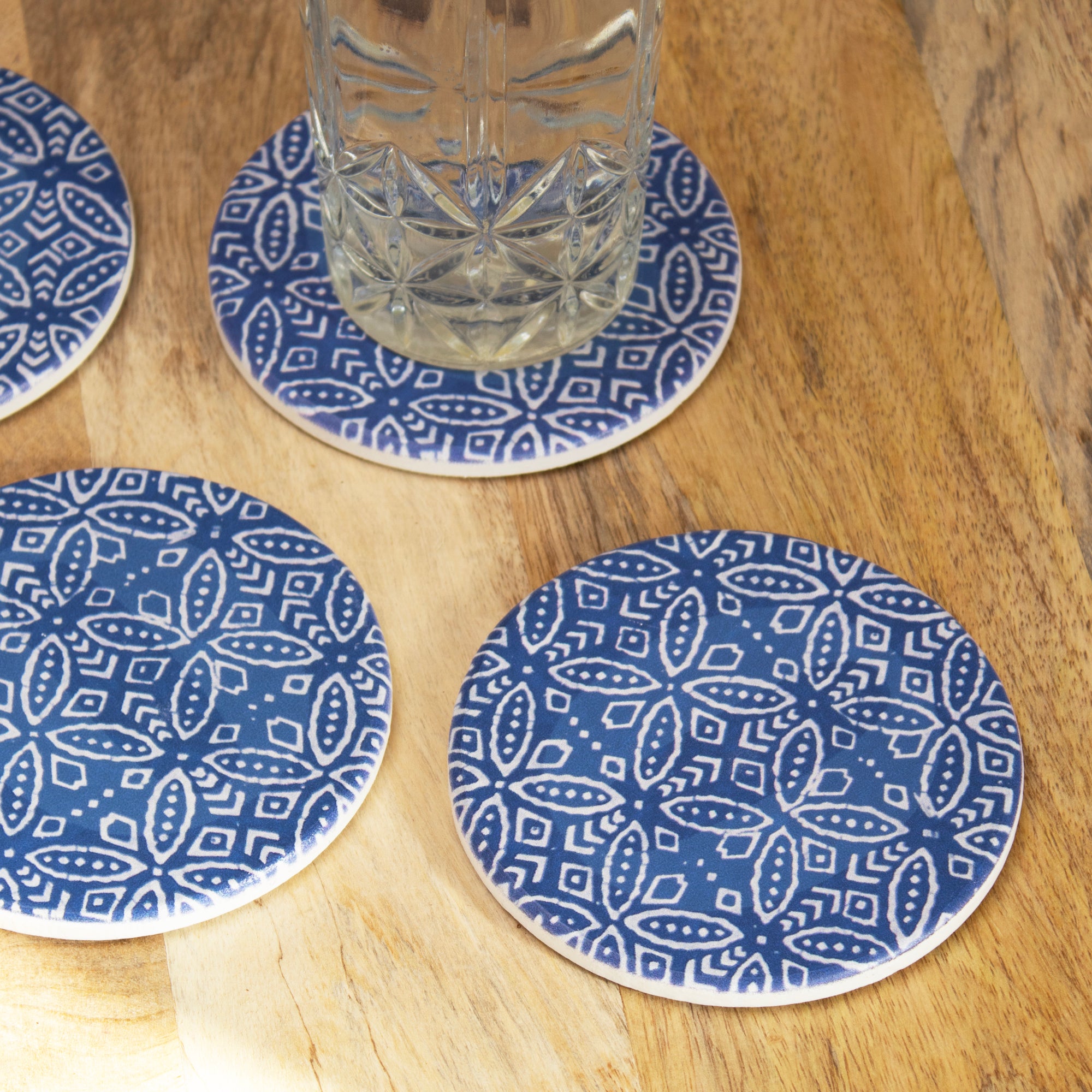 Set Of 4 Round Blue Patterned Ceramic Coasters