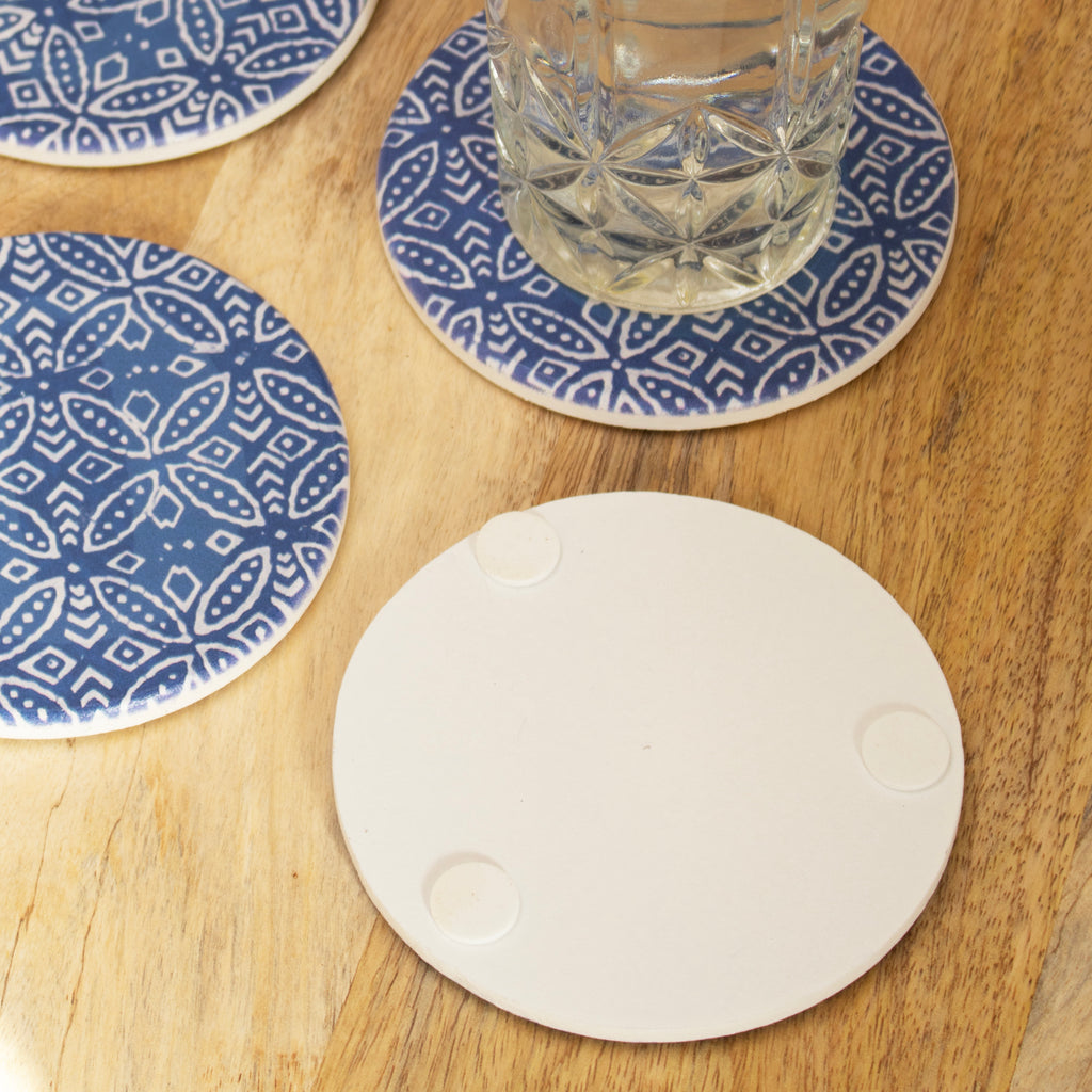 Set Of 4 Round Blue Patterned Ceramic Coasters