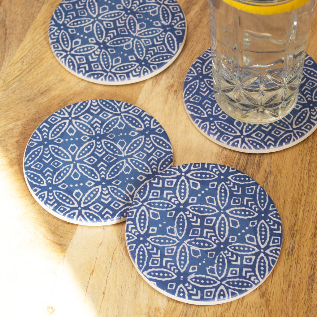Set Of 4 Round Blue Patterned Ceramic Coasters