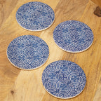 Set Of 4 Round Blue Patterned Ceramic Coasters