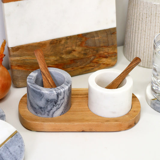 Marble Salt And Pepper Pots On Acacia Tray