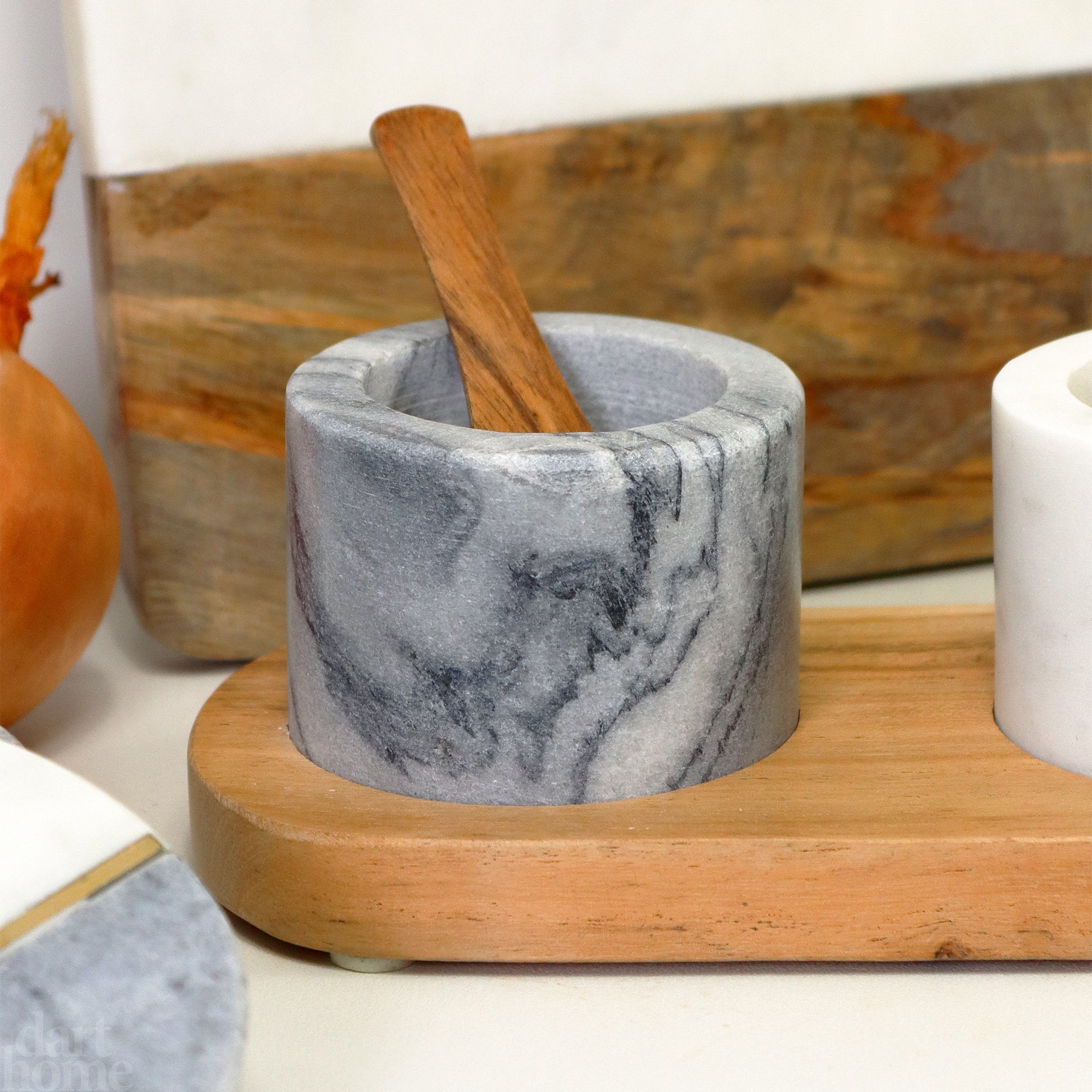 Marble Salt And Pepper Pots On Acacia Tray