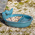 Blue Ceramic Bird Bath & Feeder