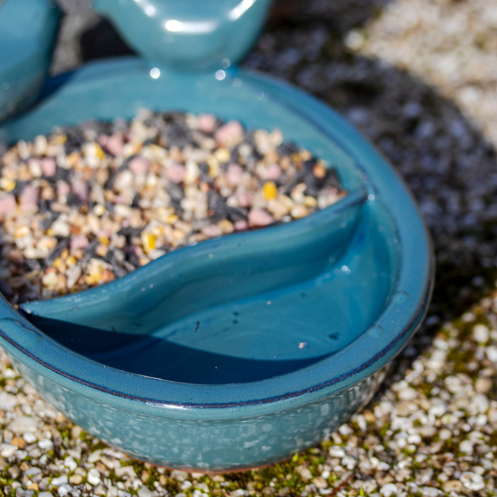 Blue Ceramic Bird Bath & Feeder