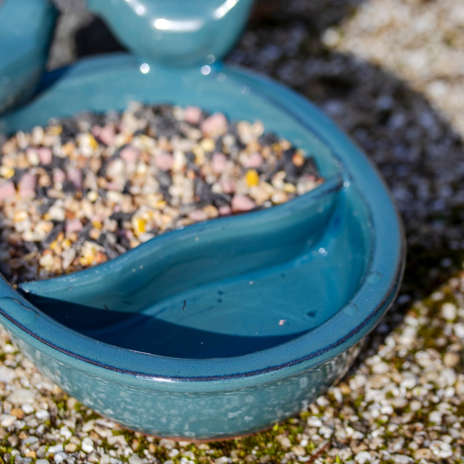Blue Ceramic Bird Bath & Feeder