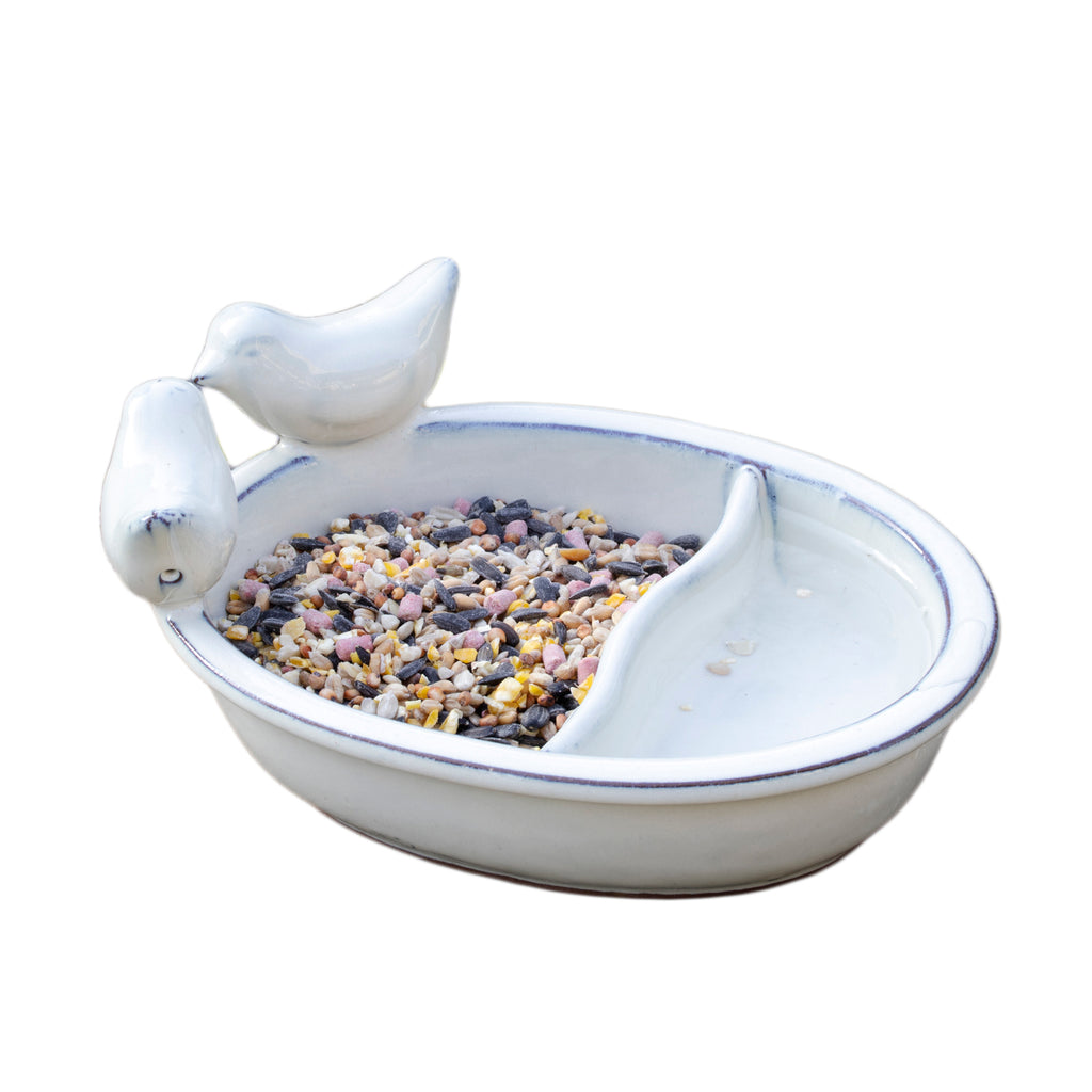White Ceramic Bird Bath & Feeder