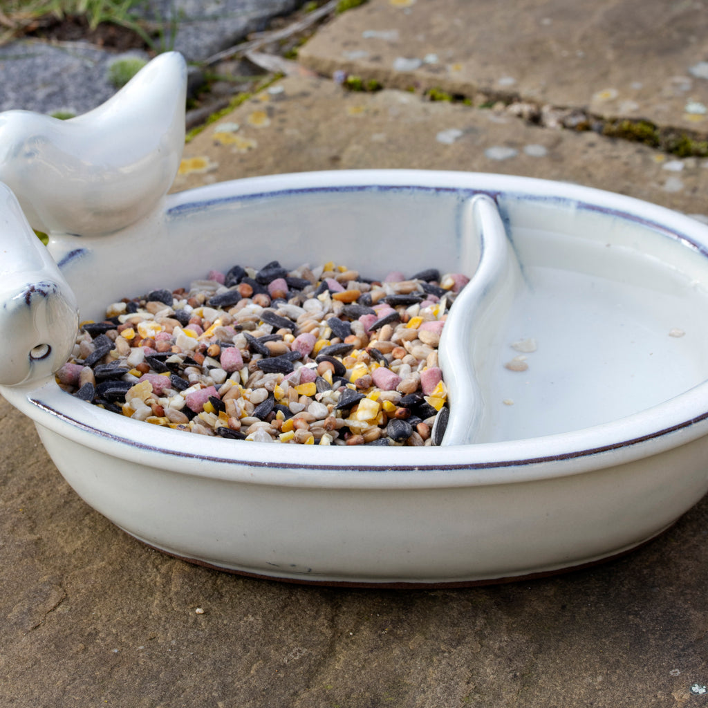White Ceramic Bird Bath & Feeder