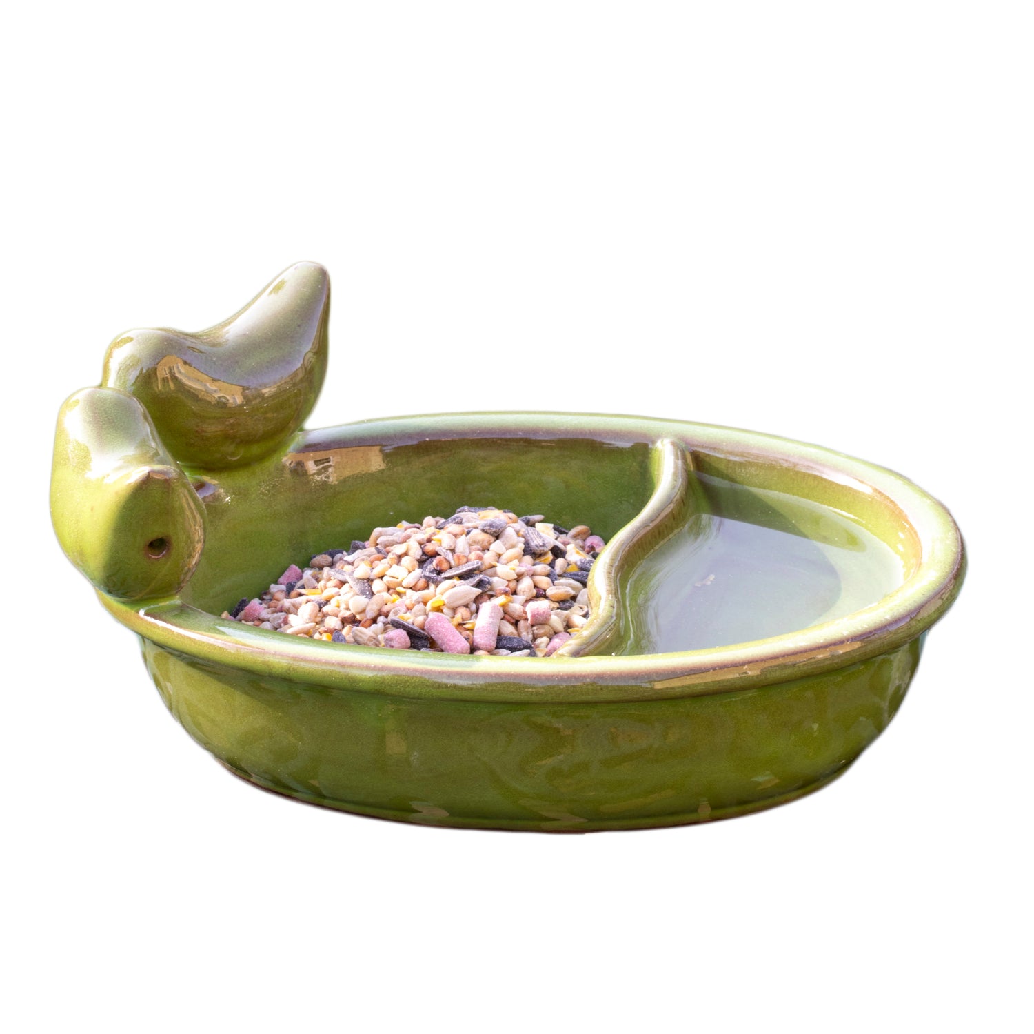 Green Ceramic Bird Bath & Feeder